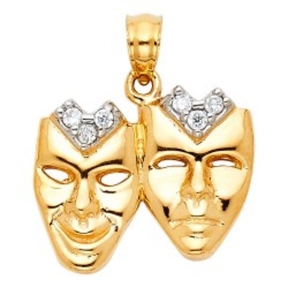 14k Solid Two Face Happy Sad Charm Cz Pendant